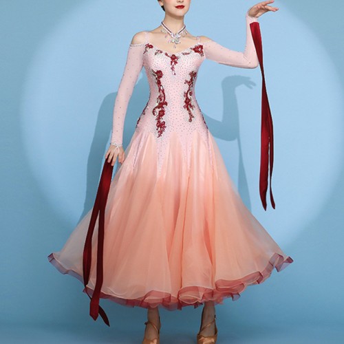 Custom size pink wine color competition diamond ballroom dance dresses for women girls waltz tango stage performance competition dress standard professional foxtrot smooth dance gown